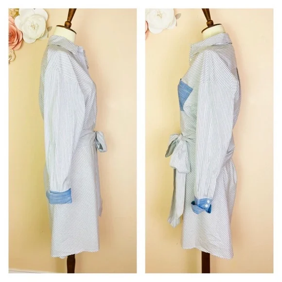 New! FRAME Striped Belted Wrap Shirt Dress - Picture 7 of 9